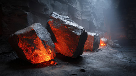 This captivating image features large glowing rocks within a mystical cave, illuminated by hot lava, creating a surreal and atmospheric setting.の素材
