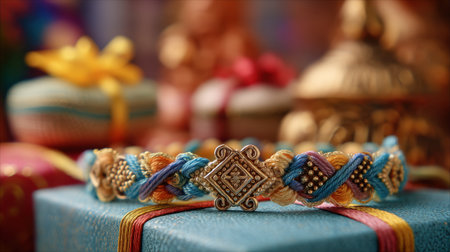 This stunning bracelet combines vibrant colors and intricate designs, resting on a beautifully wrapped gift box, perfect for special occasions.の素材