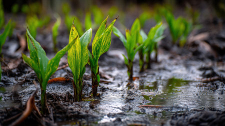 Green shoots rise from damp soil, highlighting the beauty of nature's resilience. This image captures the essence of growth and renewal in a natural setting.の素材