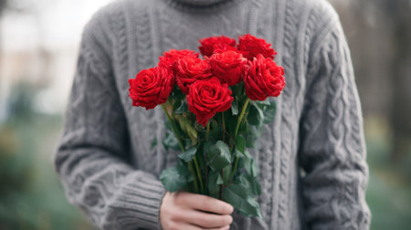 A close-up view of a person in a cozy sweater holding a bouquet of fresh red roses amidst a soft-focused natural background, evoking feelings of romance and warmth.の素材