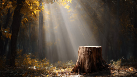 A stunning scene capturing sunlight filtering through trees, illuminating a fallen stump surrounded by autumn leaves, evoking peace and tranquility.の素材