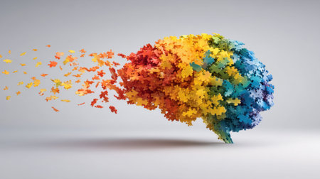 A vibrant depiction of a brain made from puzzle pieces bursting into colorful fragments, symbolizing creativity and the power of ideas.の素材