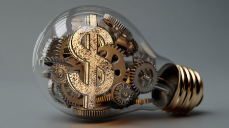 This image features a light bulb filled with intricate gears and a golden dollar sign, symbolizing the fusion of innovation and finance in the business world.の素材