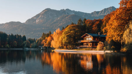 A captivating autumn scene featuring a charming cabin by a shimmering lake. The surrounding colorful foliage creates a serene atmosphere perfect for relaxation.の素材