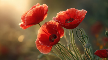 A stunning close-up of bright red poppies bathed in soft morning sunlight, showcasing their delicate petals and lush green stems in a serene garden setting.の素材