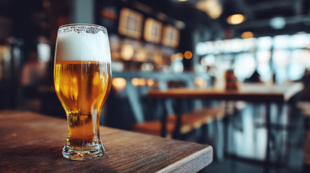 A refreshing glass of beer sits on a wooden table, with a frothy top, capturing the cozy atmosphere of a modern bar, perfect for relaxation.の素材