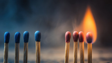 This striking image showcases colorful matchsticks, emphasizing one lit match with vibrant flames amidst a smoky backdrop. Perfect for visual storytelling.の素材