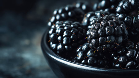 A close-up view of fresh blackberries presented in a rustic bowl against a dark background, showcasing their glossy texture and rich color, ideal for food lovers.の素材