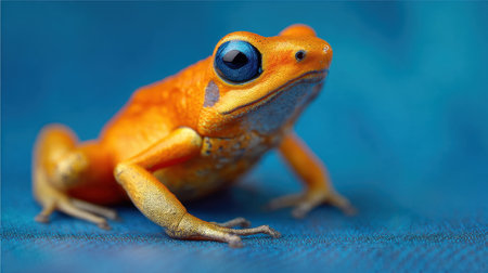 This stunning close-up image features a vibrant orange frog with a striking blue eye, creating a beautiful contrast against a soft blue background.の素材