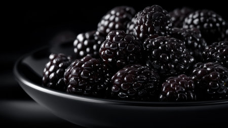 A close-up view of fresh blackberries displayed on a black plate, showcasing their juicy texture and deep color, ideal for food photography and health-related content.の素材