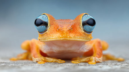 This close-up image captures a vibrant orange frog featuring striking blue eyes, showcasing its intricate details against a smooth blurred background.の素材