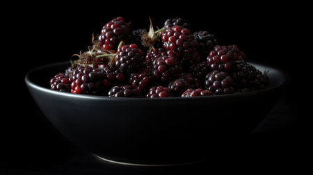 A striking image of fresh blackberries nestled in a dark bowl, perfectly capturing their rich color and texture against a black backdrop. Ideal for food lovers.の素材