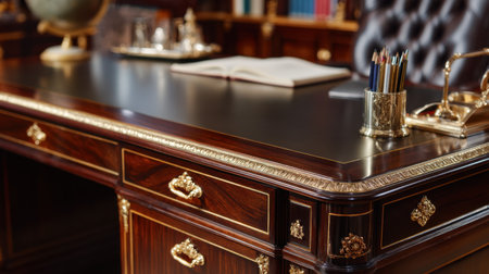 A sophisticated wooden desk with intricate details in a classic study environment, featuring a leather chair and elegant accessories.の素材