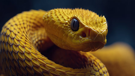 This stunning close-up image showcases a vibrant golden snake, highlighting intricate scales and an intense gaze, representing the beauty of wildlife.の素材