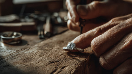 An artisan delicately engraves a stunning gemstone on a vintage ring, showcasing the intricate craftsmanship in a warm, inviting workshop filled with tools.の素材