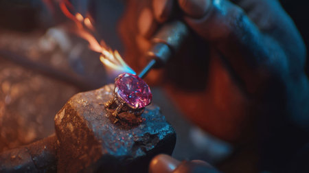 A skilled artisan uses a torch to craft a stunning pink gemstone ring in a dimly lit jewelry workshop, showcasing intricate details.の素材