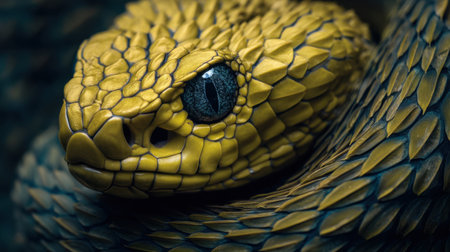 This vibrant close-up captures the intricate details of a yellow snake, showcasing its mesmerizing scales and striking gaze against a dark backdrop.の素材