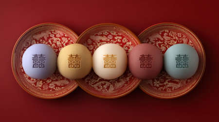 This visually striking image features colorful decorative Chinese eggs placed on ornate plates, reflecting traditional festivity and cultural heritage.の素材