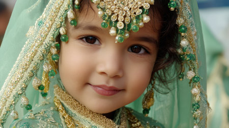 A captivating portrait of a young girl in a beautifully crafted traditional costume, showcasing intricate green and gold details. Her joyful expression and soft gaze add to the charm, highlighting cultural beauty and youth.の素材
