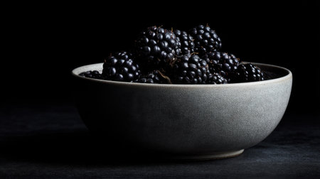 A captivating still life of fresh blackberries elegantly arranged in a simple bowl against a dark background, perfect for highlighting healthy eating and culinary creativity.の素材