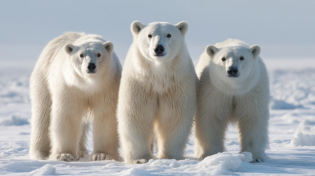 A captivating image of three polar bears standing together on a snowy landscape, showcasing their powerful presence amid the serene Arctic environment.の素材