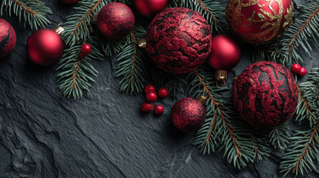 A stunning arrangement of red Christmas ornaments and pine branches on a dark stone surface, creating a rich festive atmosphere for the holidays.の素材