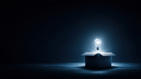 A mysterious box in a dark setting with a glowing light bulb floating above it, symbolizing creativity, inspiration, and innovation.の素材
