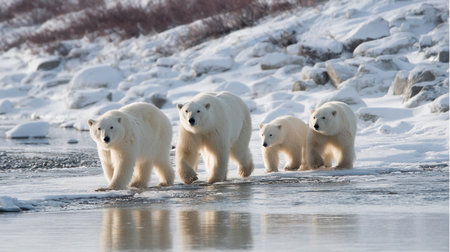 A captivating scene depicts a polar bear family traversing a snowy shoreline, showcasing their natural behavior and the beauty of winter in the Arctic.の素材