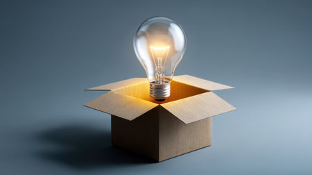 This image features a light bulb glowing inside an open cardboard box, representing the emergence of new ideas and innovative concepts in business.の素材