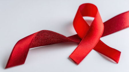 A vibrant red ribbon representing support for various health causes, symbolizing hope and awareness in the fight against illness and disease.の素材