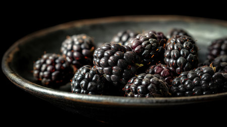 This close-up image showcases fresh blackberries nestled in a dark bowl against a black background, symbolizing health and organic choices.の素材