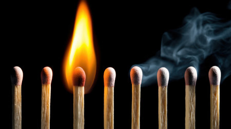 A matchstick ignites a bright flame, with a captivating smoke trail. The scene contrasts lit and extinguished matches against a dark backdrop.の素材