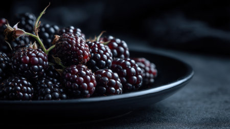 A captivating close-up view of fresh blackberries arranged on a dark plate, showcasing their rich texture and inviting color. Ideal for food photography.の素材