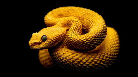 A stunning portrait of a vibrant yellow snake, showcasing intricate scales against a deep black background. This mesmerizing wildlife image highlights the creature's beauty and unique features.の素材