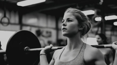 A focused woman lifts weights in a gym, embodying strength and determination. The monochrome tones accentuate her concentration and dedication to fitness.の素材
