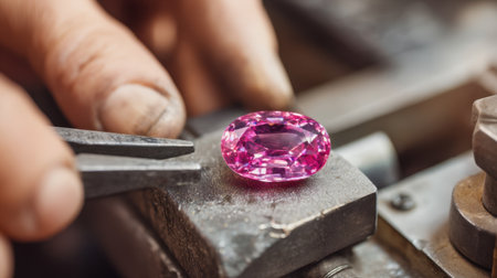 A skilled craftsman carefully holds tools to set a vibrant pink gemstone on a workbench, showcasing precision and artistry in jewelry making.の素材