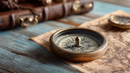 A beautifully crafted vintage compass rests on an ancient map, accompanied by a rich leather book, evoking a sense of adventure and exploration.の素材
