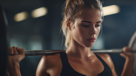 A young woman demonstrating focus and determination while lifting a barbell in a gym environment. Her concentrated expression and perspiring skin highlight the intensity of her workout, emphasizing strength and dedication to fitness.の素材