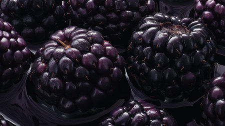A stunning close-up image of fresh blackberries glistening with water droplets on a dark background, perfect for food photography and health promotions.の素材