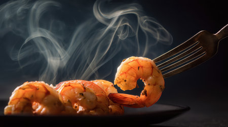 A close-up view of juicy grilled shrimp on a black plate, adorned with steam rising, showcasing a delicious seafood meal perfect for dining experiences.の素材