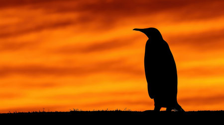 Captivating silhouette of a penguin standing against a stunning sunset sky, showcasing nature's beauty and adventure in wildlife photography.の素材