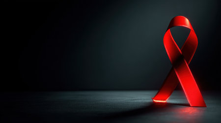 A striking red ribbon stands prominently against a dark background, representing awareness and hope for various health causes and charity initiatives.の素材