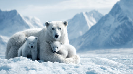 A heartwarming scene captures a polar bear family nestled together on a snowy landscape, surrounded by stunning mountain views. The mother bear and her two cubs showcase their strong bond and beauty in the serene Arctic setting.の素材