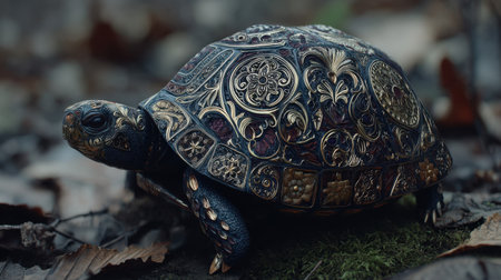 This stunning turtle figurine features intricate artwork and rich textures, showcasing exceptional craftsmanship and creativity in a serene forest setting.の素材