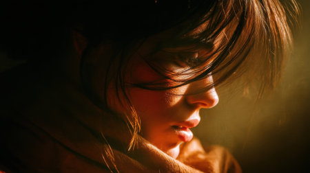 This captivating portrait features a woman in soft light, with dramatic shadows highlighting her profile. The warm tones evoke deep emotion, creating a serene and intimate atmosphere. Perfect for artistic exploration.の素材