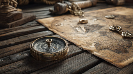 A vintage compass rests on an antique map on a rustic wooden table, evoking a sense of adventure and exploration. Perfect for travel themes.の素材