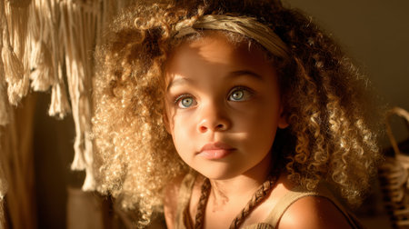 A captivating portrait of a young child with curly hair and bright blue eyes, reflecting innocence and curiosity in soft natural light.の素材