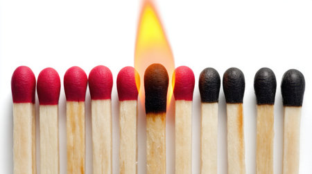 A visually striking composition showcasing a row of matchsticks, with one ignited matchstick ablaze, highlighting the beauty of fire and contrast.の素材
