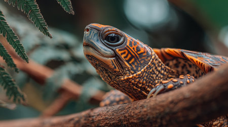 This stunning close-up portrait captures a colorful turtle resting on a branch, highlighting its vibrant patterns and textures amidst lush greenery.の素材