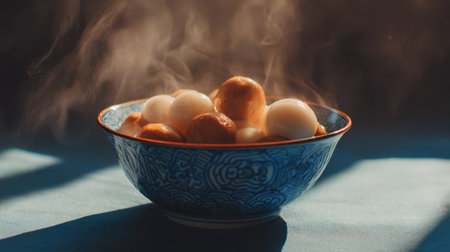 A vibrant blue bowl filled with freshly cooked dumplings releases steam, creating a warm, inviting atmosphere perfect for any meal.の素材